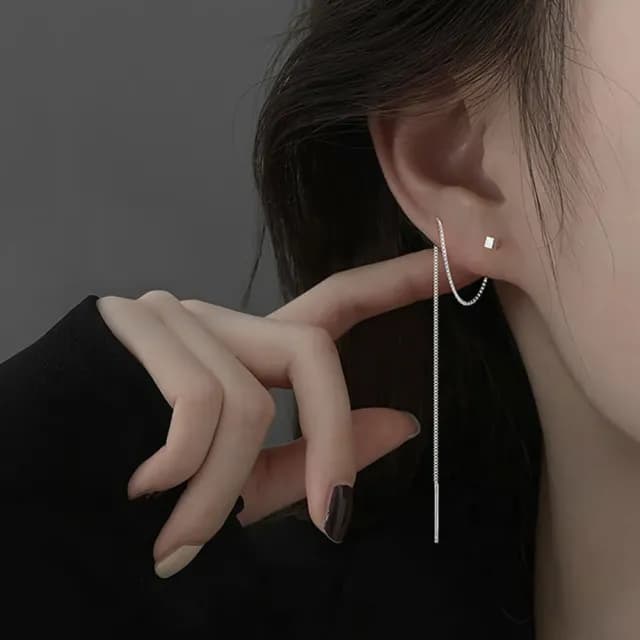 【Umi】個性潮流一字形方塊吊墜垂鏈吊飾流蘇造型耳環(歐美時尚潮流銀色女飾品)