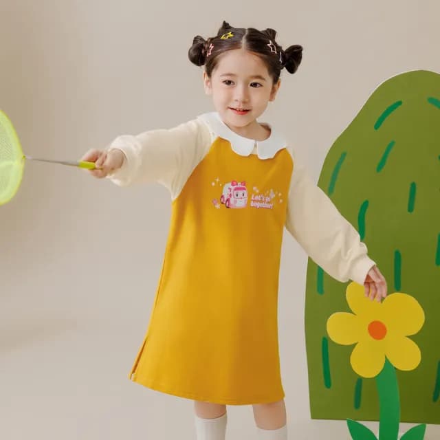 【OB 嚴選】POLI波力安寶印花拉克蘭袖側開衩女童洋裝 《IP0019》