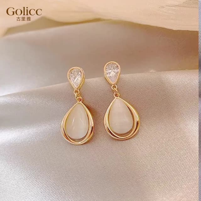 【Golicc】水滴 貓眼石 耳環(七夕 情人節 生日 飾品 耳釘 耳飾 耳墜 禮物)