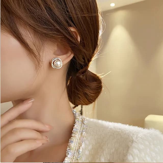 【Golicc】耳環 鑲鑽 雙圈 珍珠(99購物限定 生日 飾品 耳飾 耳墜 禮物)