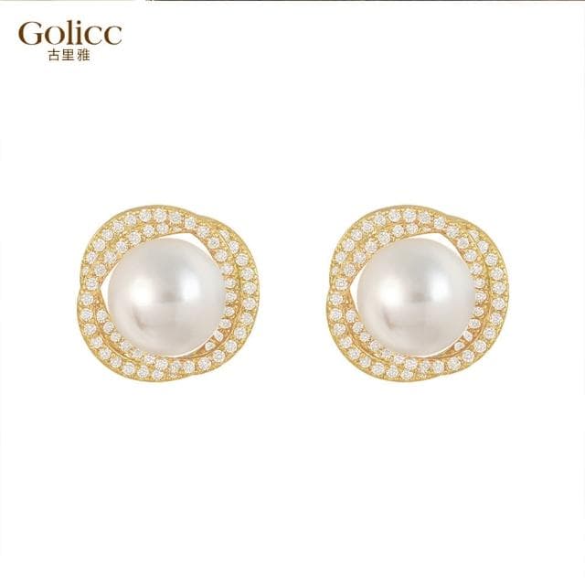【Golicc】耳環 鑲鑽 雙圈 珍珠(母親節 生日 情人節 飾品 耳飾 耳墜 禮物)
