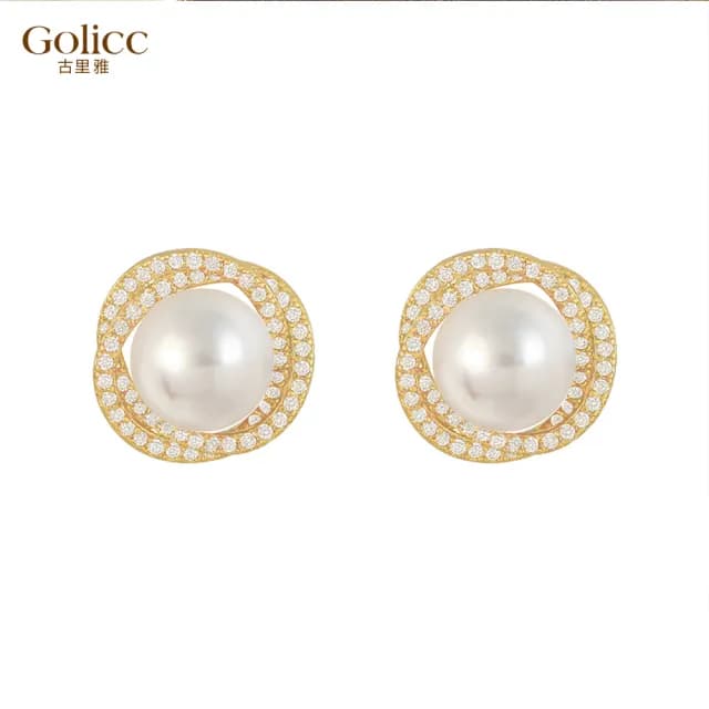 【Golicc】耳環 鑲鑽 雙圈 珍珠(99購物限定 生日 飾品 耳飾 耳墜 禮物)