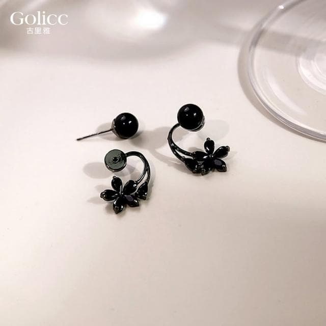 【Golicc】耳環 黑色 花朵 珍珠(母親節 生日 情人節 飾品 耳釘 耳飾 耳墜 禮物)