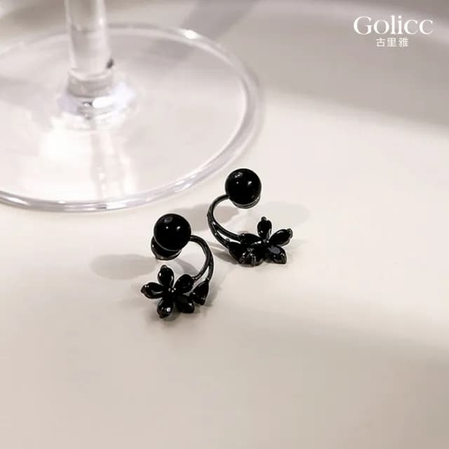 【Golicc】耳環 黑色 花朵 珍珠(七夕 情人節 生日 飾品 耳釘 耳飾 耳墜 禮物)