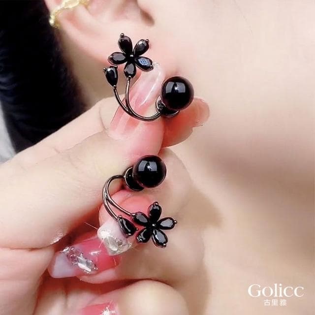 【Golicc】耳環 黑色 花朵 珍珠(母親節 生日 情人節 飾品 耳釘 耳飾 耳墜 禮物)