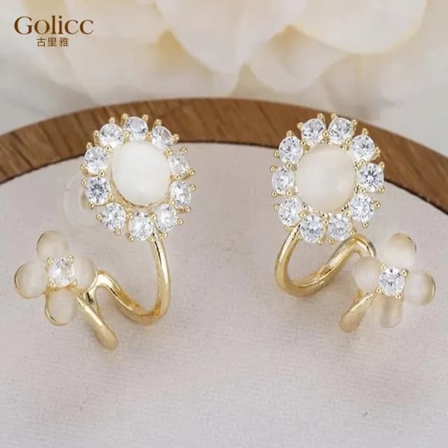 【Golicc】耳環 貓眼 鋯石 花朵(七夕 情人節 生日 飾品 耳釘 耳飾 耳墜 禮物)