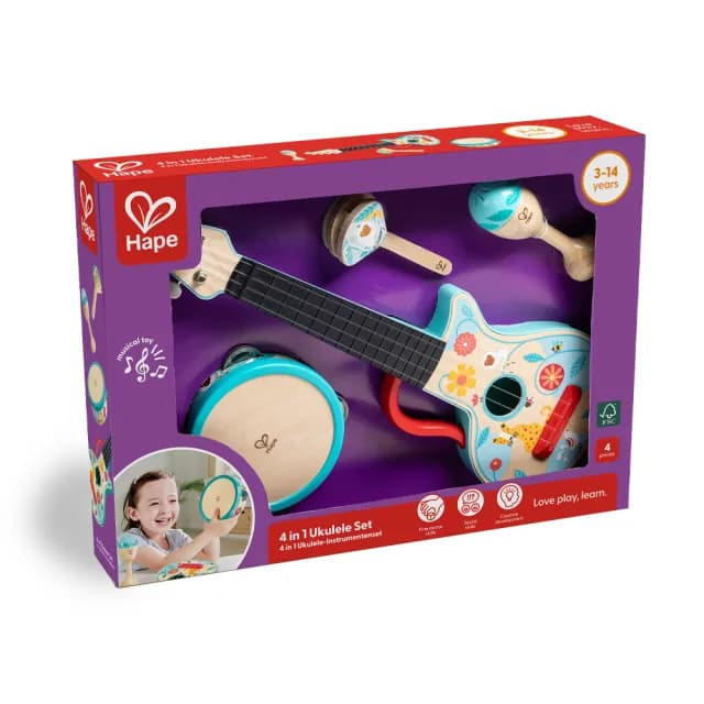 【德國Hape】4合1打擊樂器組(木製玩具/木頭玩具/彌月禮/生日禮)