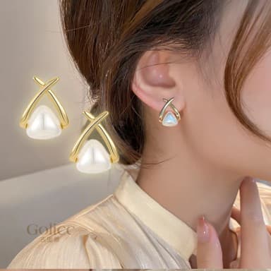 【Golicc】耳環 韓版 交叉 珍珠(七夕 情人節 生日 飾品 耳釘 耳飾 耳墜 禮物)