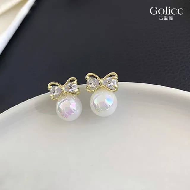 【Golicc】耳環 蝴蝶結 珍珠(99購物限定 生日 飾品 耳釘 耳飾 耳墜 禮物)