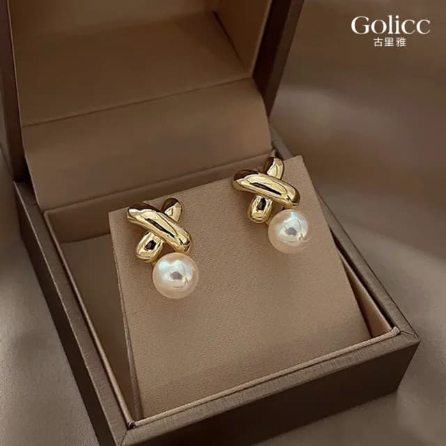 【Golicc】耳環 百搭 交叉 珍珠(99購物限定 生日 飾品 耳釘 耳飾 耳墜 禮物)