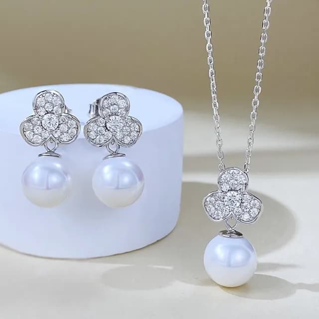 【米蘭精品】現貨+預購 珍珠項鍊925純銀吊墜(11mm貝珠花形鑲鑽女飾品聖誕節交換禮物74gh25)