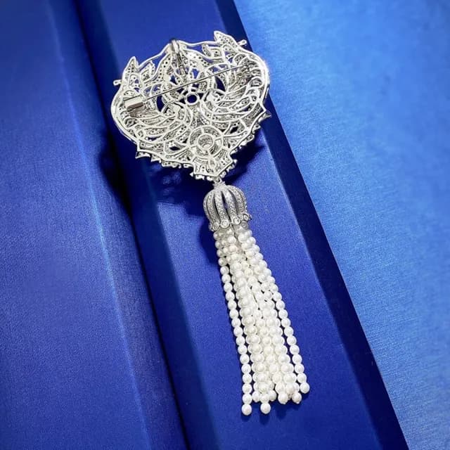 【米蘭精品】現貨+預購 珍珠胸針925純銀胸花(12mm鳳凰涅槃流蘇女飾品聖誕節交換禮物74gh19)