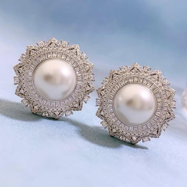 【米蘭精品】現貨+預購 珍珠耳環925純銀耳針(花形12mm貝珠鑲鑽女飾品聖誕節交換禮物74gh6)