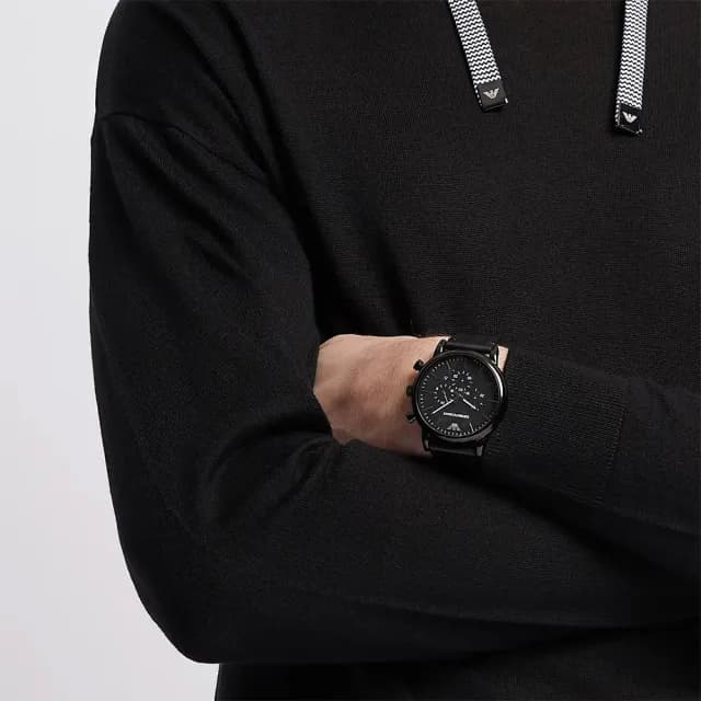 【EMPORIO ARMANI】Classic 經典霧黑三眼計時手錶-46mm 禮物 送禮 推薦(AR1970)