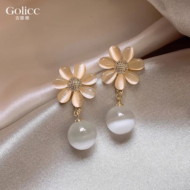【Golicc】耳環 貓眼石 花朵(七夕 情人節 生日 飾品 耳釘 耳飾 耳墜 禮物)