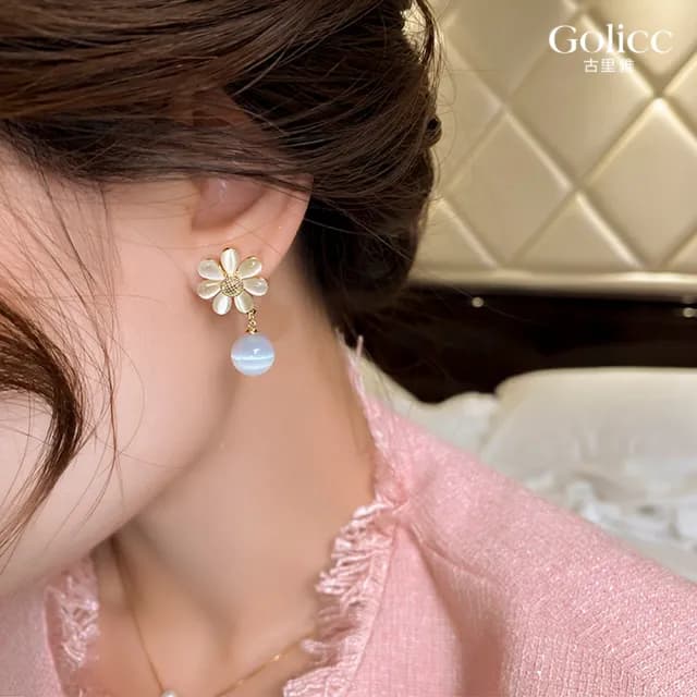 【Golicc】耳環 貓眼石 花朵(七夕 情人節 生日 飾品 耳釘 耳飾 耳墜 禮物)