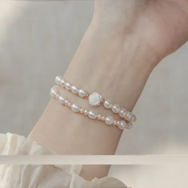 【TWINKLE】6月誕生石｜珍珠｜小香風天然淡水珍珠山茶花吊飾手鍊/手環#TW0161(誕生石)