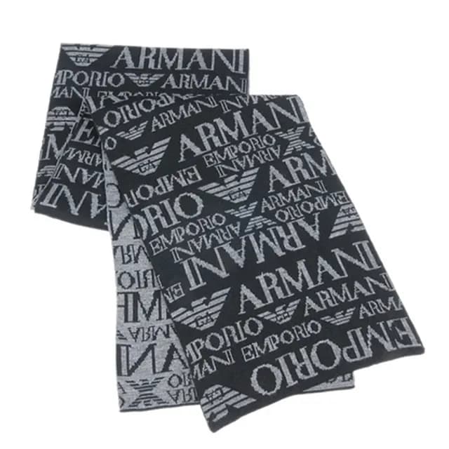 【EMPORIO ARMANI】雙面灰黑品牌織紋圍巾(黑灰色)