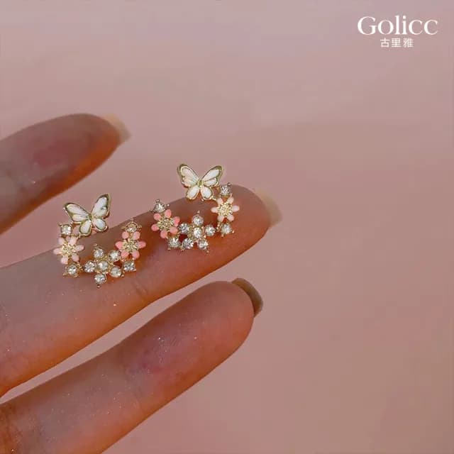 【Golicc】耳環 韓國 蝴蝶 鑲鑽 花朵(99購物限定 生日 飾品 耳釘 耳飾 耳墜 禮物)
