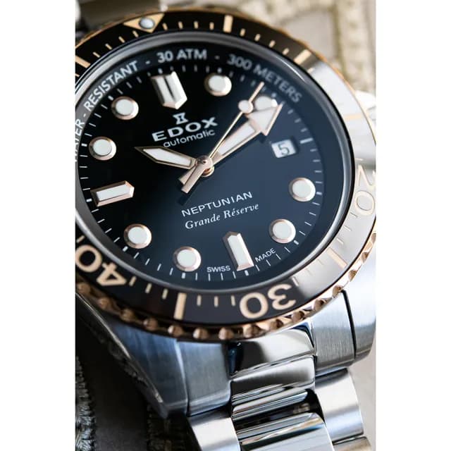 【EDOX 伊度】Neptunian 海神 68H超動能300米潛水機械錶-黑x玫瑰金/42mm 送禮 禮物 推薦(E80801.3NRM.NIR)