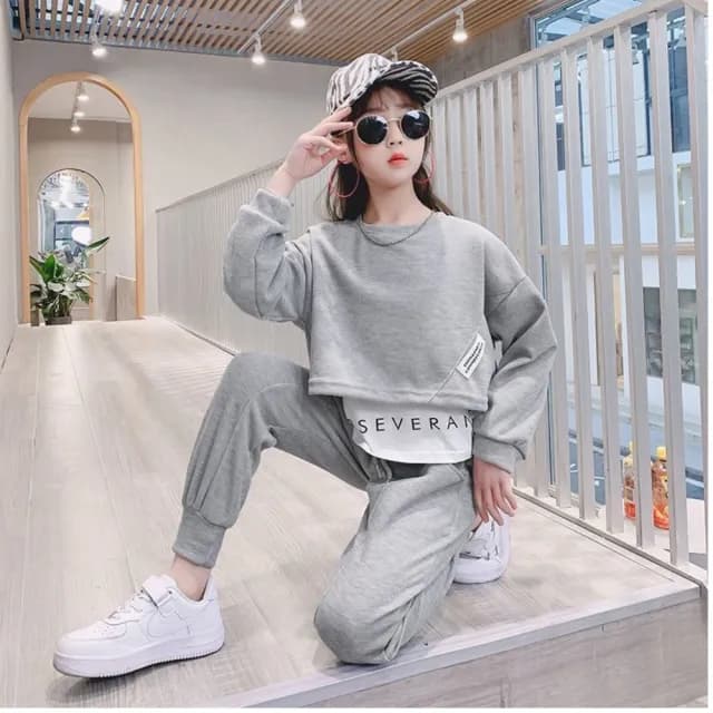 【小衣衫童裝】女童秋裝套裝中大童假2件上衣長褲兩件套裝(1121008)