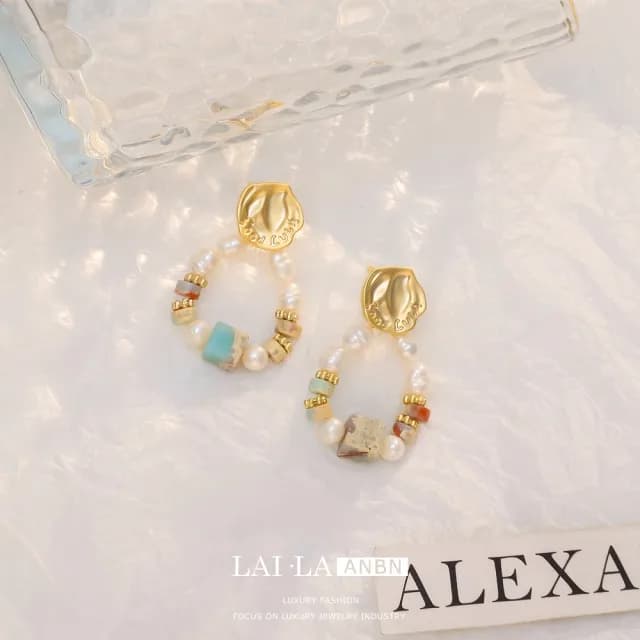 【TWINKLE】耳環 925銀針 淡水珍珠x天然玉石碎石手作耳環#TW0334(925銀 現貨)