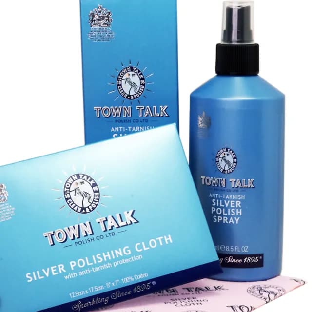 【Town Talk】父親節禮物 升級版銀飾抗氧化清潔組-英國皇室御用銀器潔亮噴劑+中尺寸拭銀布套組(銀飾日常保 