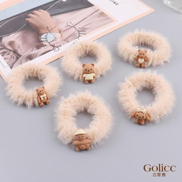 【Golicc】髮圈 奶茶色 毛絨 小熊 兩入(母親節 生日 情人節 髮飾 頭飾 大腸圈 髮夾 禮物)