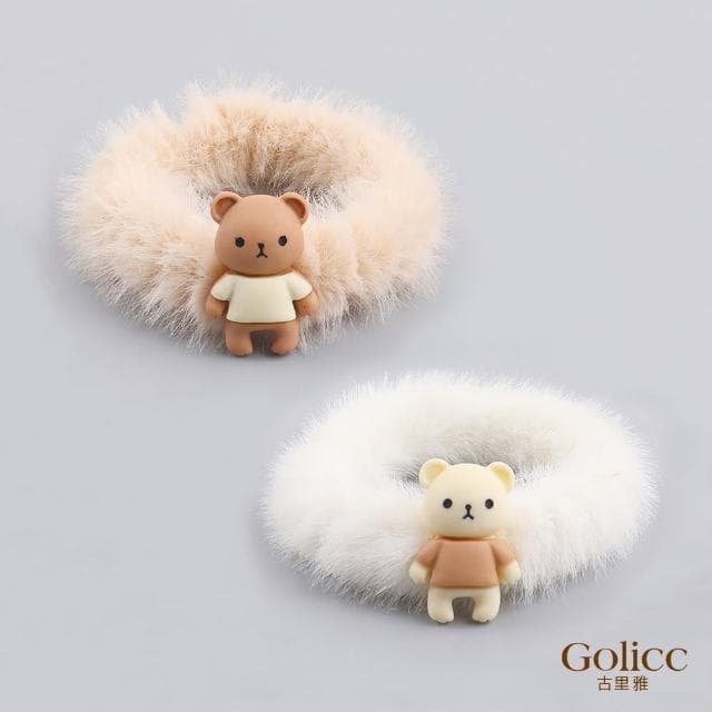 【Golicc】髮圈 奶茶色 毛絨 小熊 兩入(母親節 生日 情人節 髮飾 頭飾 大腸圈 髮夾 禮物)