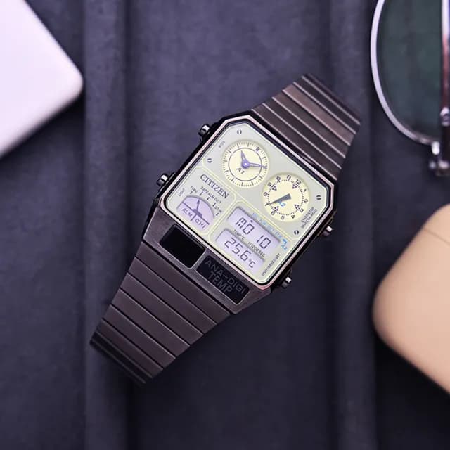 【CITIZEN 星辰】夜光型者80年代復古手錶 指針/數位/溫度顯示 七夕 情人節禮物(JG2147-85X)