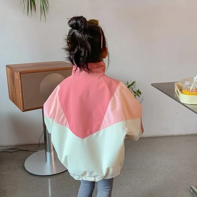 【橘魔法】粉拚色立領風衣拉鍊外套(長袖外套 薄外套 風衣 女童 兒童 中童 童裝)