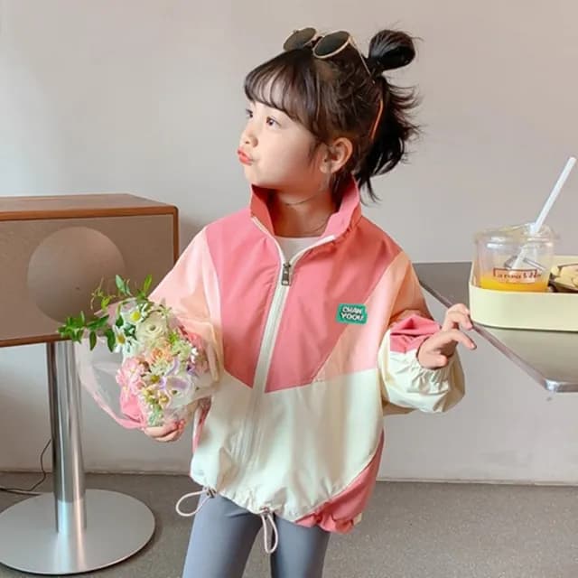 【橘魔法】粉拚色立領風衣拉鍊外套(長袖外套 薄外套 風衣 女童 兒童 中童 童裝)