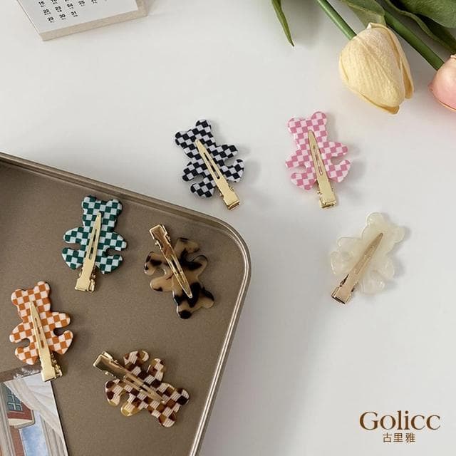【Golicc】髮夾 韓國 棋盤格 ins 可愛 小熊 瀏海夾 2入(母親節 生日 情人節 髮飾 頭飾 鯊魚夾 抓夾 禮物)