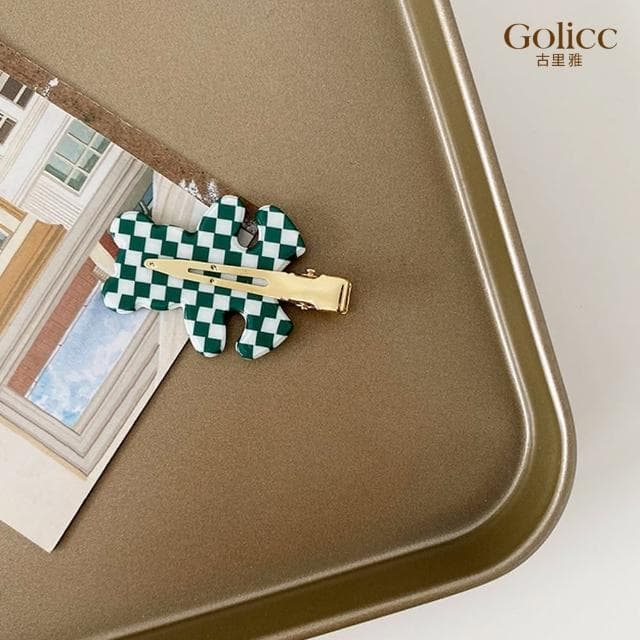 【Golicc】髮夾 韓國 棋盤格 ins 可愛 小熊 瀏海夾 2入(母親節 生日 情人節 髮飾 頭飾 鯊魚夾 抓夾 禮物)