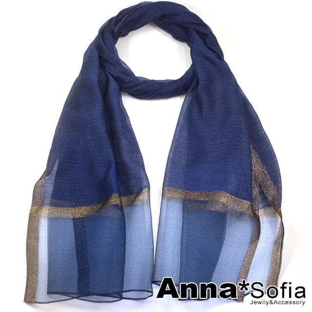 【AnnaSofia】真絲羊毛混紡大尺寸披肩絲巾圍巾-蔥點飾條透紗下擺 現貨(深邃藍系)