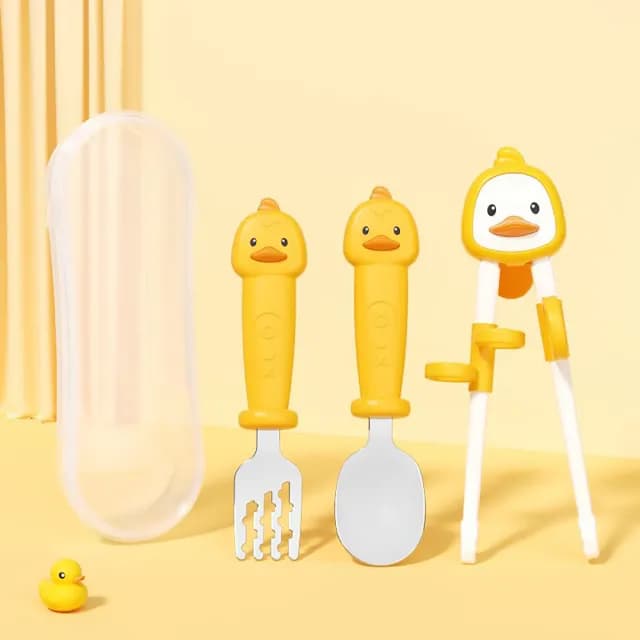 【學習神器】小鴨兒童訓練餐具3件組-附收納盒(學習筷 輔助筷 幼兒 湯匙 叉子 環保餐具 輔食 訓練)