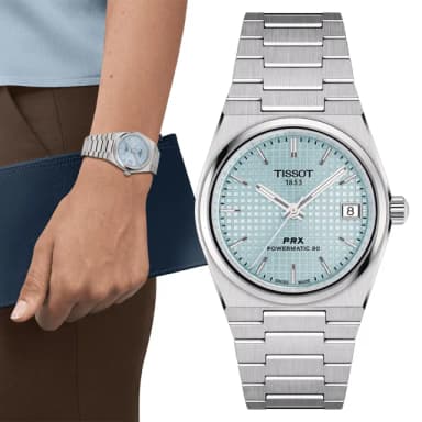 【TISSOT 天梭 官方授權】PRX系列 復古風酒桶型淑女機械錶-35mm/冰川藍 情人節 禮物(T1372071135100)
