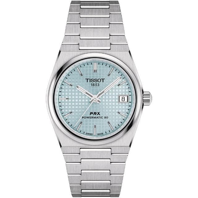 【TISSOT 天梭 官方授權】PRX系列 復古風酒桶型淑女機械錶-35mm/冰川藍 情人節 禮物(T1372071135100)