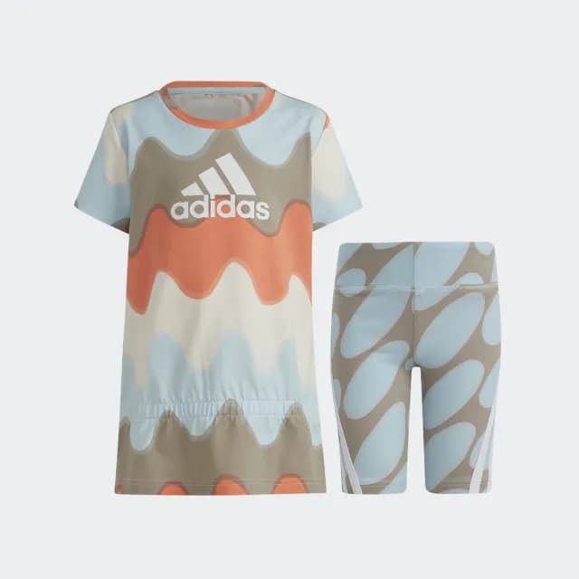 【adidas 愛迪達】MARIMEKKO 運動套裝 短袖/緊身褲 童裝 IC3665