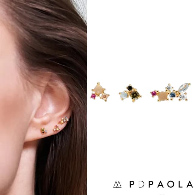 【PD PAOLA】西班牙時尚潮牌 繽紛調色盤彩鑽耳環三件組 925純銀鑲18K金 LA PALETTE(925純銀鑲18K金)