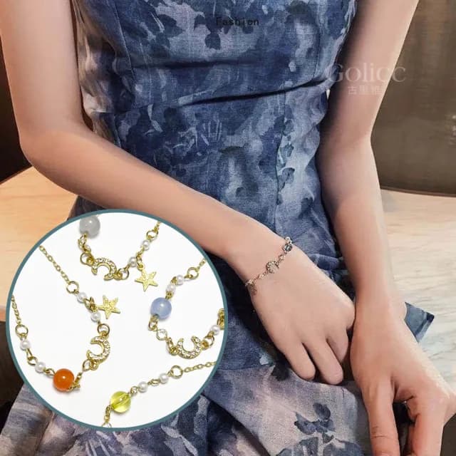 【Golicc】手鍊 星月 鋯石 珍珠(七夕 情人節 生日 手環 手繩 首飾 飾品 禮物)