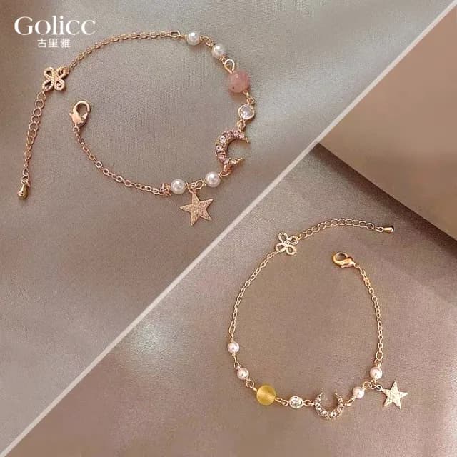 【Golicc】手鍊 星月 鋯石 珍珠(七夕 情人節 生日 手環 手繩 首飾 飾品 禮物)