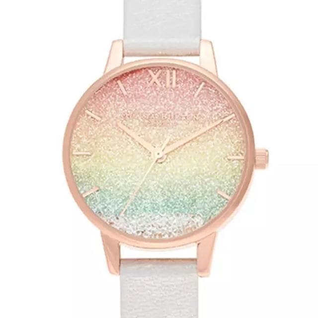 【Olivia Burton】Rainbow系列-滾珠彩虹閃耀漸層面玫瑰金殼珠光銀色真皮錶帶腕錶(OB16EX228)
