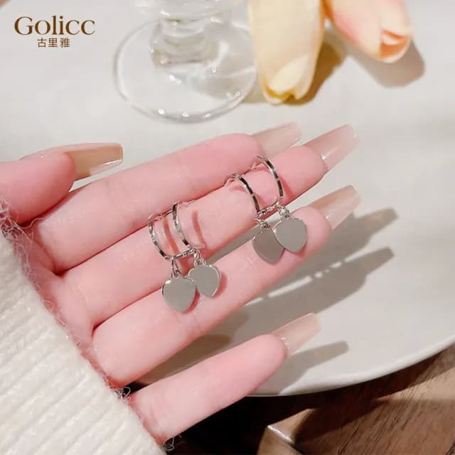 【Golicc】耳環 法式 半包形 雙層 雙愛心(七夕 情人節 生日 飾品 耳釘 耳飾 耳墜 禮物)