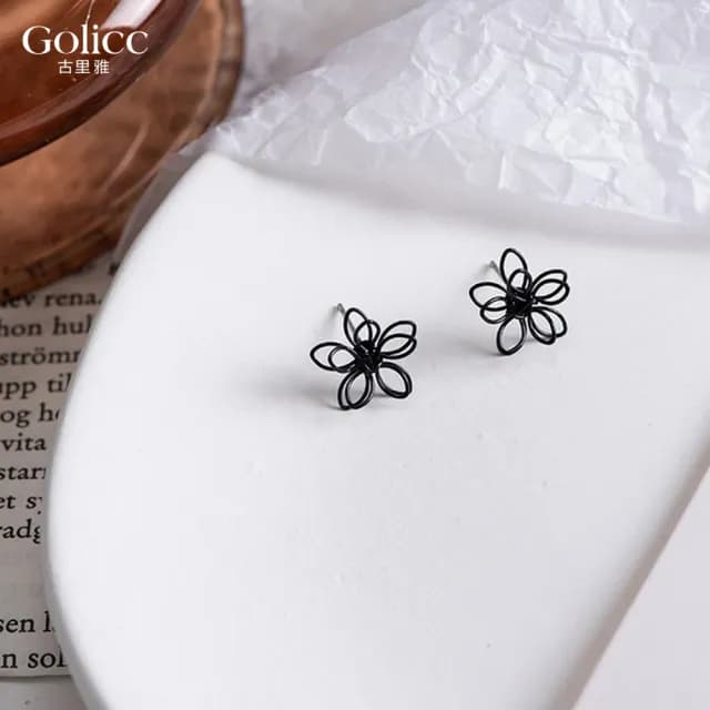 【Golicc】耳環 日韓 雙層 黑色 花朵(七夕 情人節 生日 飾品 耳釘 耳飾 耳墜 禮物)