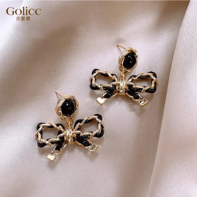 【Golicc】耳環 法式 黑色 蝴蝶結(七夕 情人節 生日 飾品 耳釘 耳飾 耳墜 禮物)