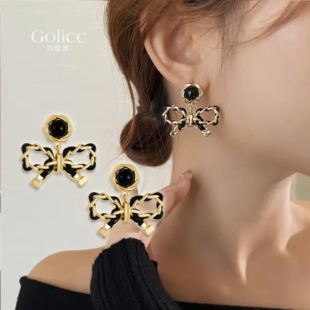 【Golicc】耳環 法式 黑色 蝴蝶結(七夕 情人節 生日 飾品 耳釘 耳飾 耳墜 禮物)