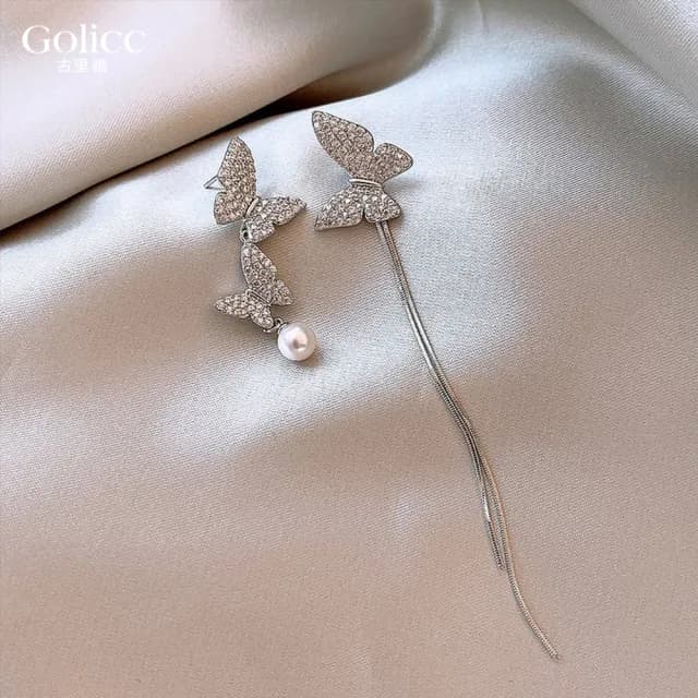 【Golicc】耳環 不對稱 蝴蝶 流蘇 鋯石(七夕 情人節 生日 飾品 耳釘 耳飾 耳墜 禮物)