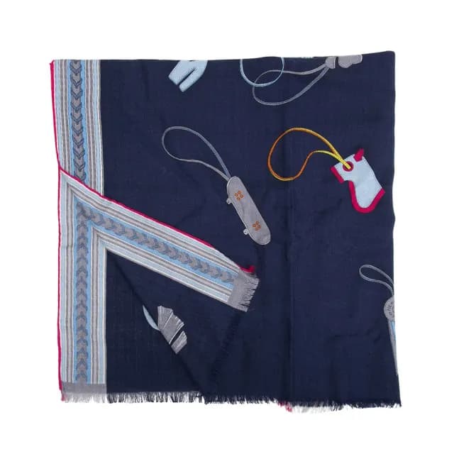 【Hermes 愛馬仕】Et Gris Gris 小馬圖騰手工捲邊圍巾(海軍藍/天空藍)