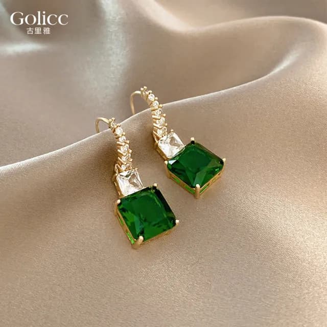 【Golicc】耳環 輕奢 祖母綠 方形(七夕 情人節 生日 飾品 耳釘 耳飾 耳墜 禮物)